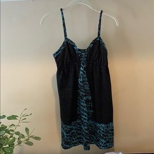 Slip-style dress w/ black overlay&turquoise print